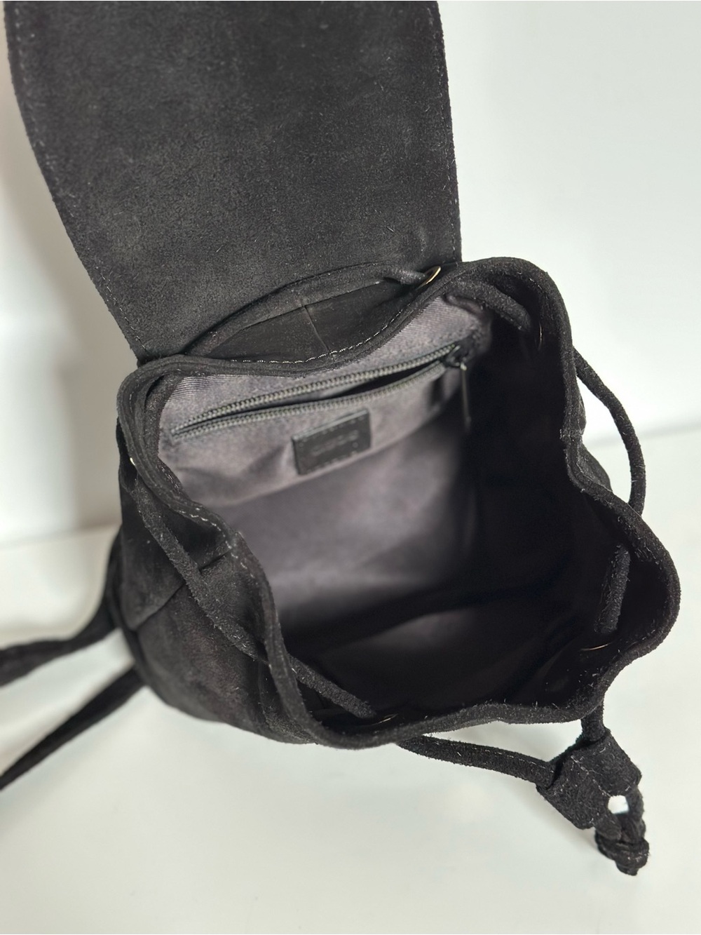 Black Suede Mini Backpack Drawstring Leather Bag Silver Hardware - Picture 17 of 17